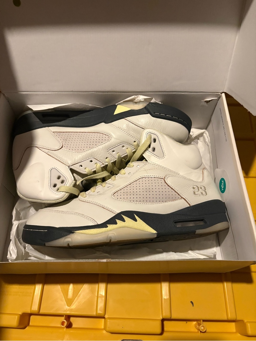 Jordan Men's Cream and Navy Sneakers with Yellow Accents